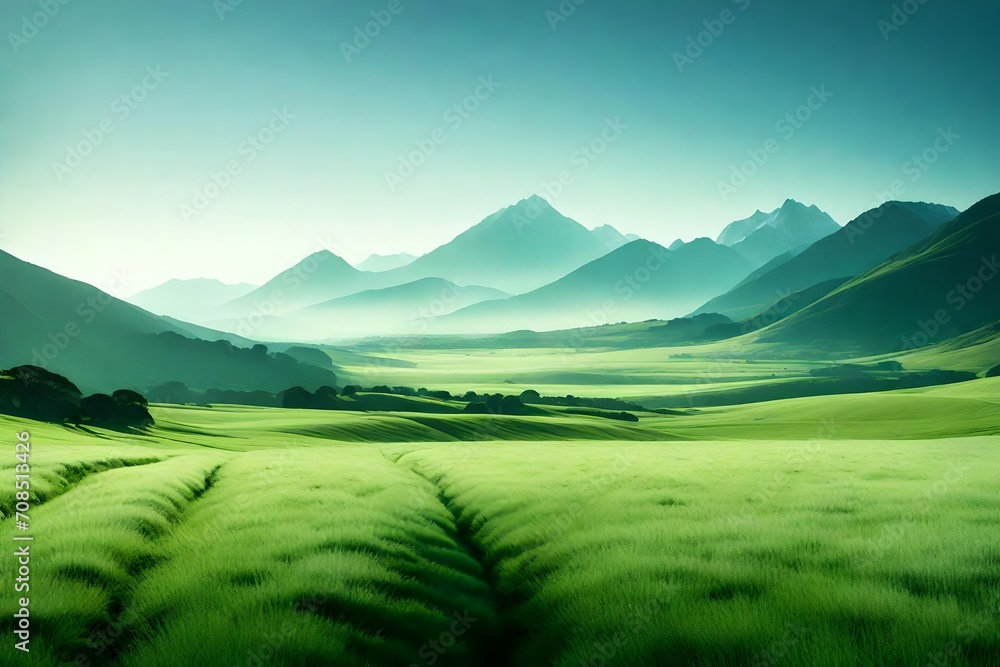 A serene valley covered in a blanket of soft, green grass, with the distant mountains shrouded in a gentle mist under a clear blue sky. - obrazy, fototapety, plakaty 