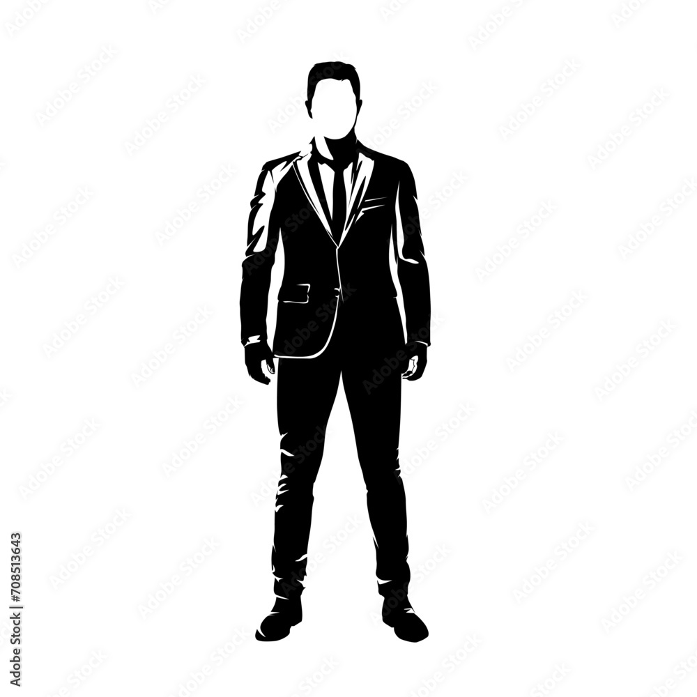 Businessman in suit standing, front view, isolated vector silhouette. Business person Businessman in suit standing, front view, isolated vector silhouette. Business person