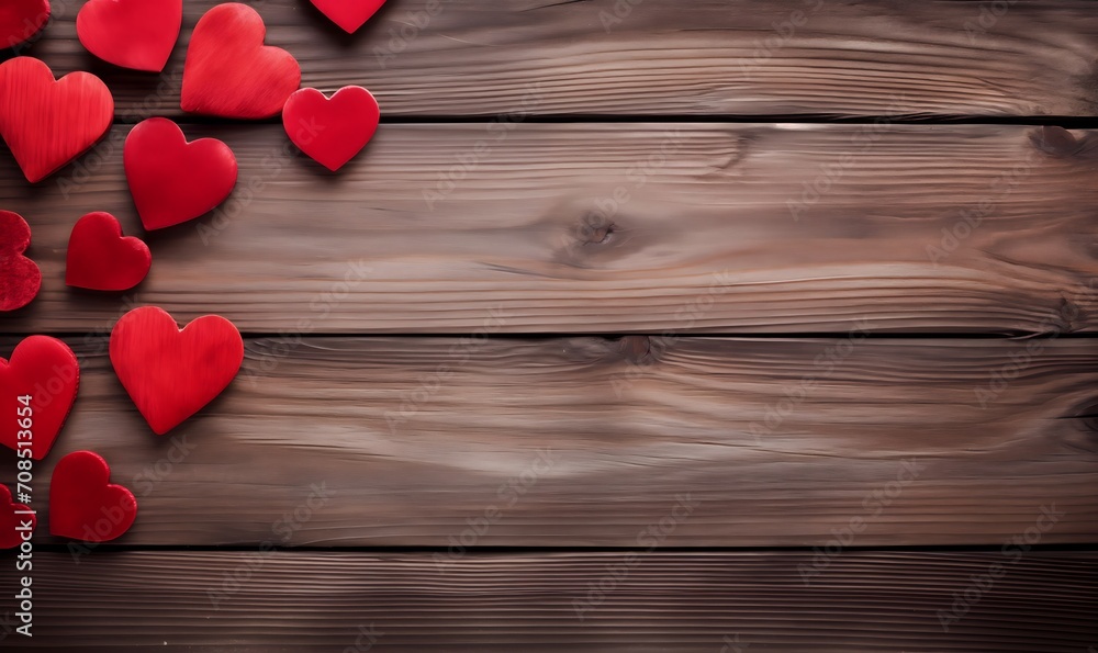 Fototapeta premium Red Hearts on Top Corner of a wooden background. Banner Wallpaper for Valentine's Day or Anniversary
