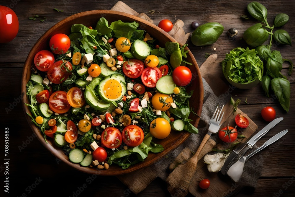 A vibrant salad bowl with a mix of greens, tomatoes, and other fresh ingredients, creating a healthy masterpiece.