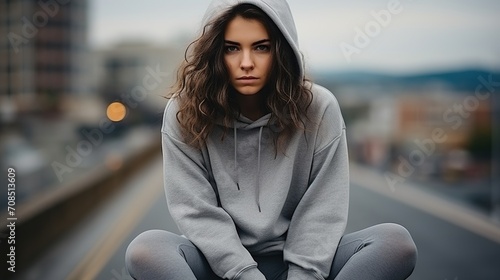 Young woman in grey hoodie squatting on city street, photo