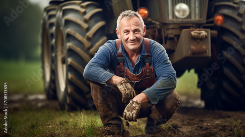 Adult professional farmer tractor driver smiling at the camera against the background of a tractor