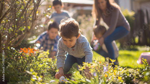Family Engaged in a Fun-Filled Easter Egg Hunt in the Backyard
