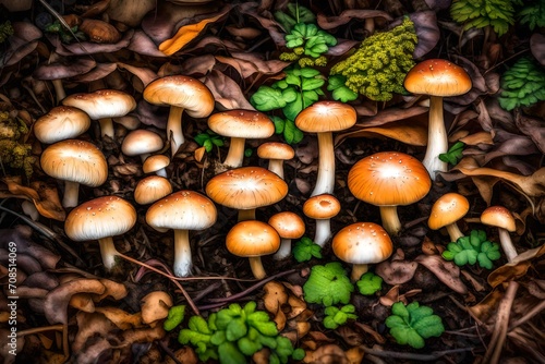 A cluster of mushrooms emerging from the forest floor, displaying a variety of shapes and colors.