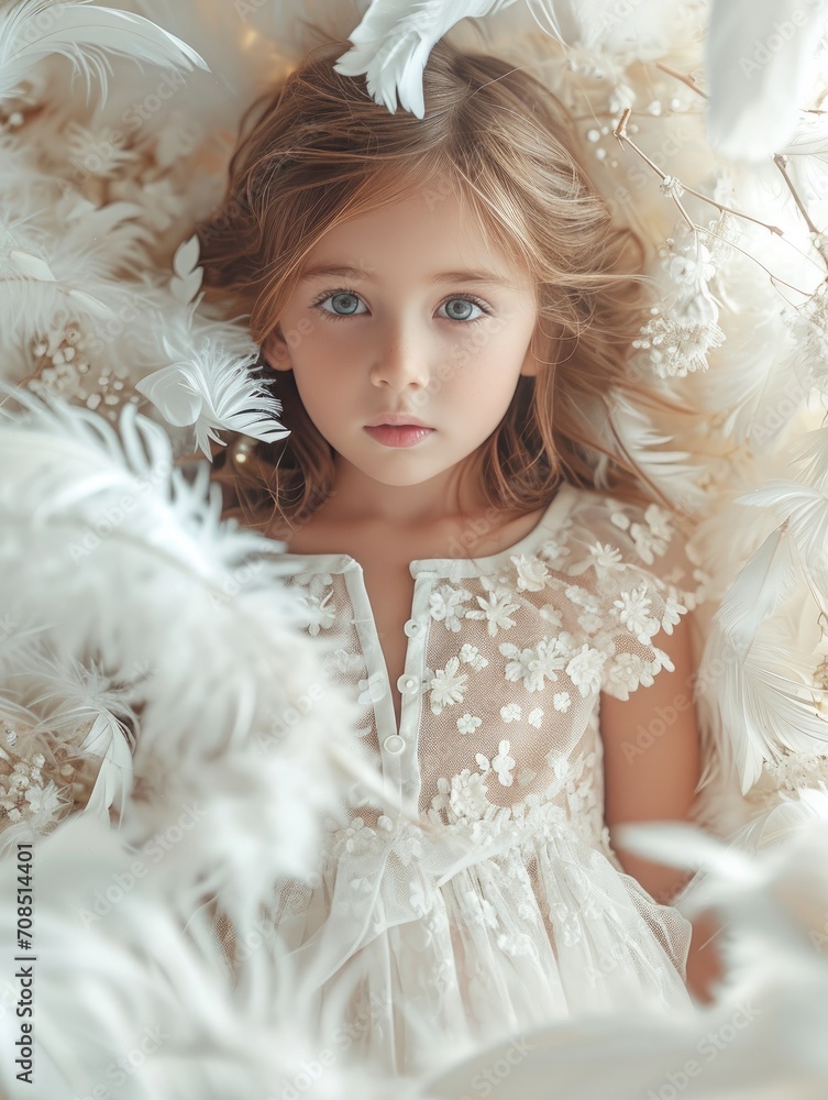Dreamy Girl in White Dress lying on the Feather
