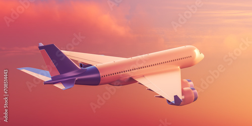 Big airplane flying in the sunset sky, travel and tourism concept