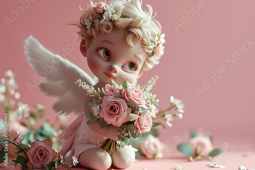 Volumetric illustration in cartoon style of a cute freckled cupid sitting with a bouquet of flowers on a pink background