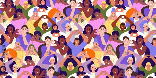 Inspire inclusion concept seamless pattern with diverse women making heart gesture for International Women's day. IWD 2024 print ideal for t shirt, tee, card. Vector illustration
