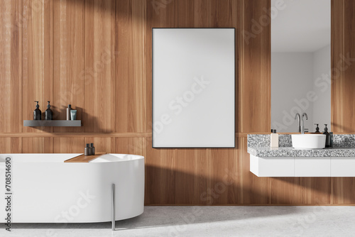 Wooden home bathroom interior with tub and sink with accessories, mock up frame