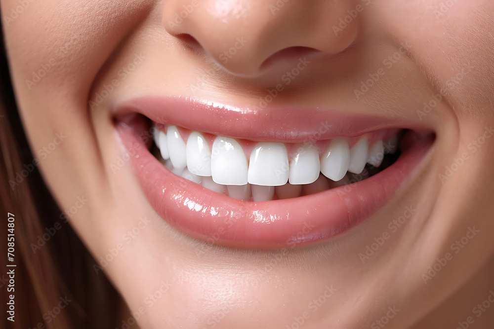 close-up of a woman's smile with white teeth after a whitening procedure close-up of a woman's smile with white teeth after a whitening procedure