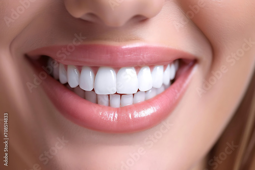close-up of a woman's smile with white teeth after a whitening procedure