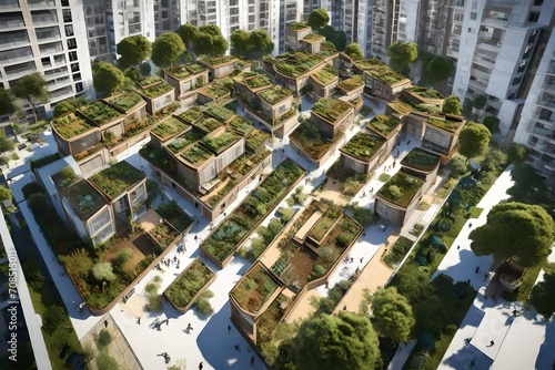 A drone's perspective capturing the organized layout of the upgraded colony, emphasizing eco-friendly urban planning.