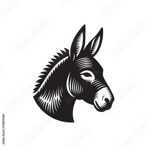 Donkey head.  Engraving vintage vector illustration, monochrome black color.  logo, icon. Woodcut	