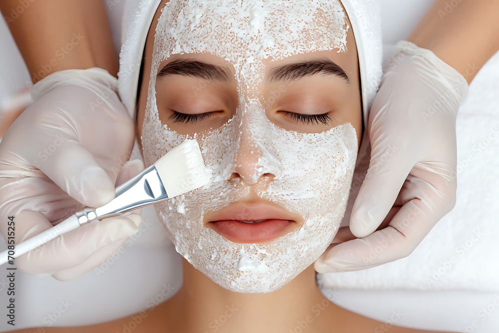 portrait of a young woman undergoing a facial peeling procedure against the background of a spa salon