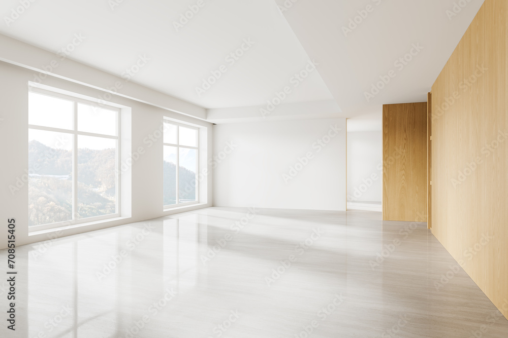 Fototapeta premium Stylish empty home living room interior with panoramic window