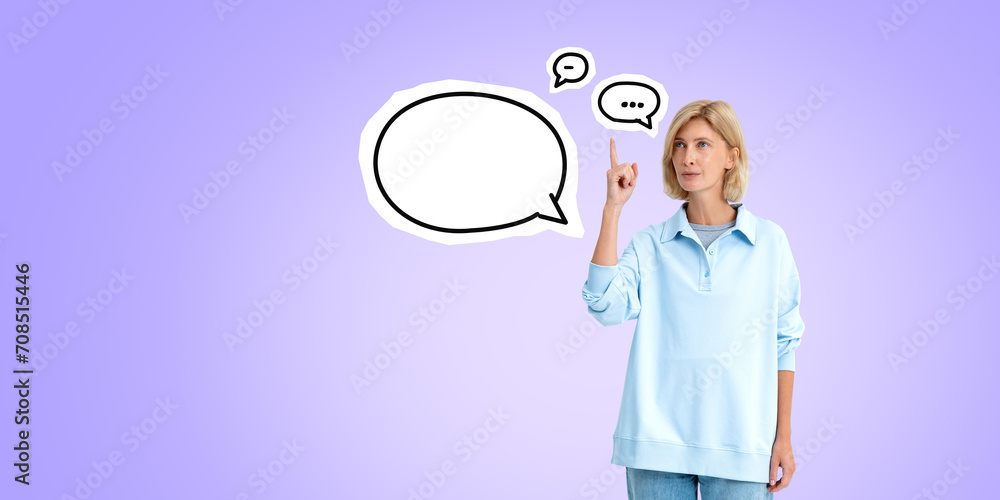 Pensive woman finger point up, mock up speech bubbles on purple background