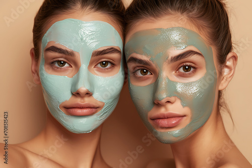 two young women with cosmetic masks on their faces isolated on beige background