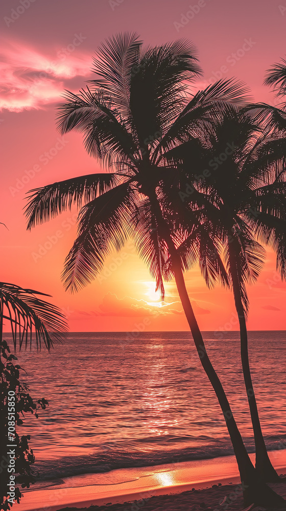 Tropical beach sunset, orange and pink sky, silhouette of palm trees, vacation vibe phone wallpaper, aesthetic background for Instagram stories and reels