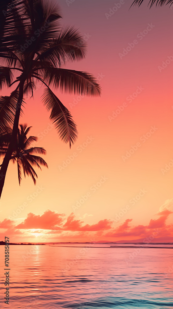 Tropical beach sunset, orange and pink sky, silhouette of palm trees, vacation vibe phone wallpaper, aesthetic background for Instagram stories and reels