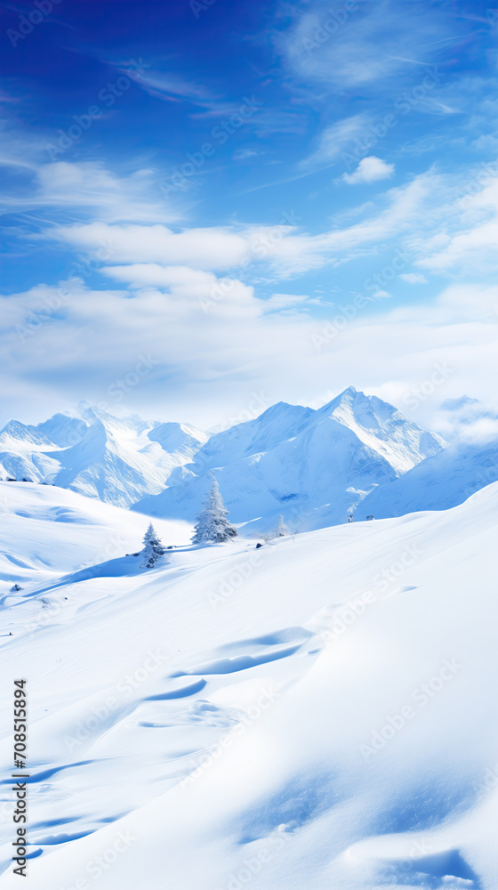 Snowy mountain landscape, crisp white snow, clear blue sky, winter phone wallpaper, aesthetic background for Instagram stories and reels