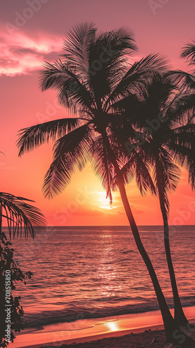 Tropical beach sunset  orange and pink sky  silhouette of palm trees  vacation vibe phone wallpaper  aesthetic background for Instagram stories and reels