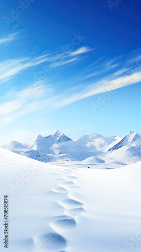 Snowy mountain landscape, crisp white snow, clear blue sky, winter phone wallpaper, aesthetic background for Instagram stories and reels