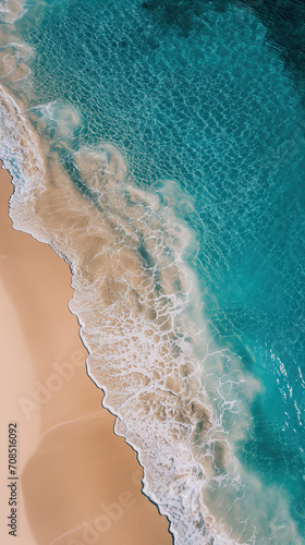 Aerial or drone beach view, turquoise water, soft white sand, background for Instagram stories