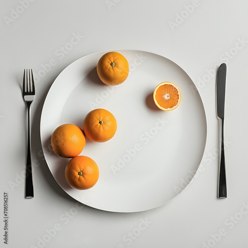 plate with oranges on the table minimalism in white colors