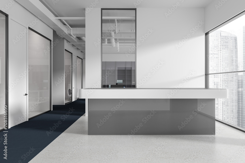 White and blue office interior with reception White and blue office interior with reception