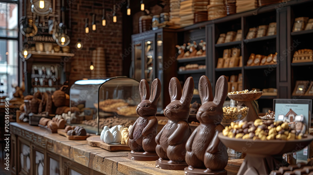 Rustic Chocolate Shop Display with Artisanal Easter Bunnies and Gourmet Confections Rustic Chocolate Shop Display with Artisanal Easter Bunnies and Gourmet Confections