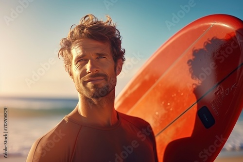 Portrait of beautiful man holding sup board. Stand up paddle boarding outdoor active recreation photo