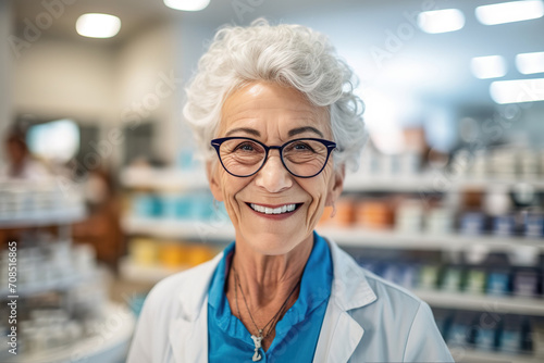 An elderly gray haired female pharmacist happily smiling in a drug store