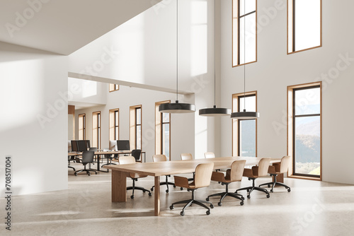 Cozy office interior with meeting and coworking zone, panoramic window