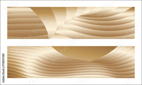 Wavy golden parallel gradient lines, ribbons, silk. Golden with shades of yellow background, banner, poster. Set of 2 backgrounds. Eps vector