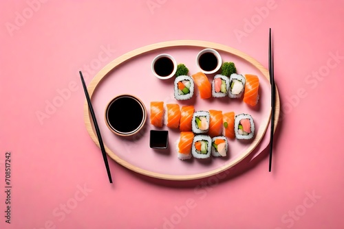 Top view of a colorful sushi platter with soy sauce and chopsticks on a pastel pink background.