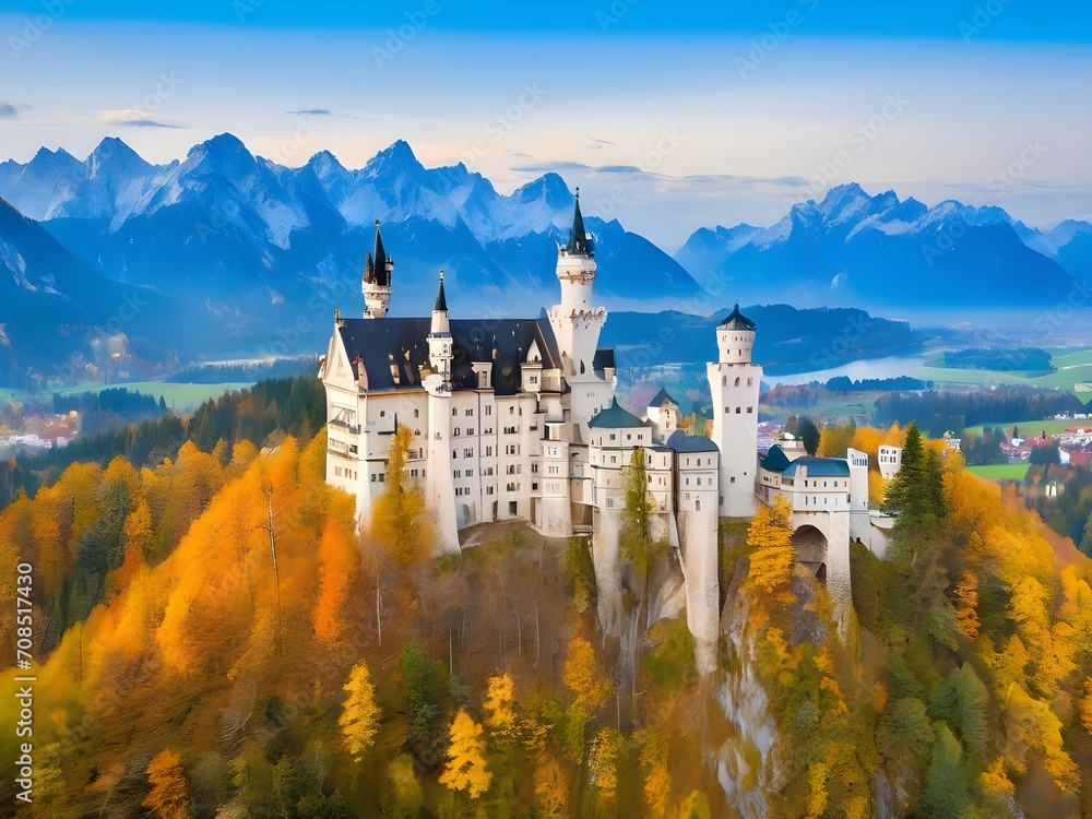 Beautiful aerial view of Neuschwanstein castle in autumn season. Palace situated in Bavaria, Germany. Neuschwanstein castle one of the most popular palace - obrazy, fototapety, plakaty 