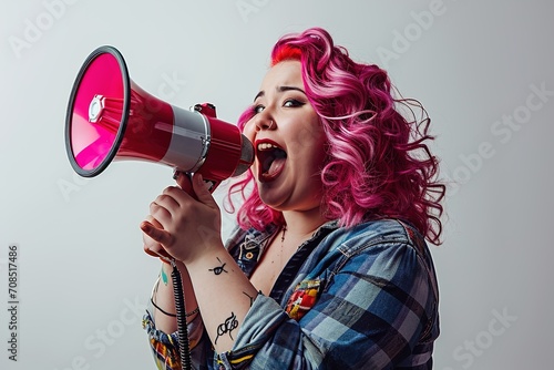 A plus size pink haired young woman in a plaid shirt sings seductively into a loudspeaker.