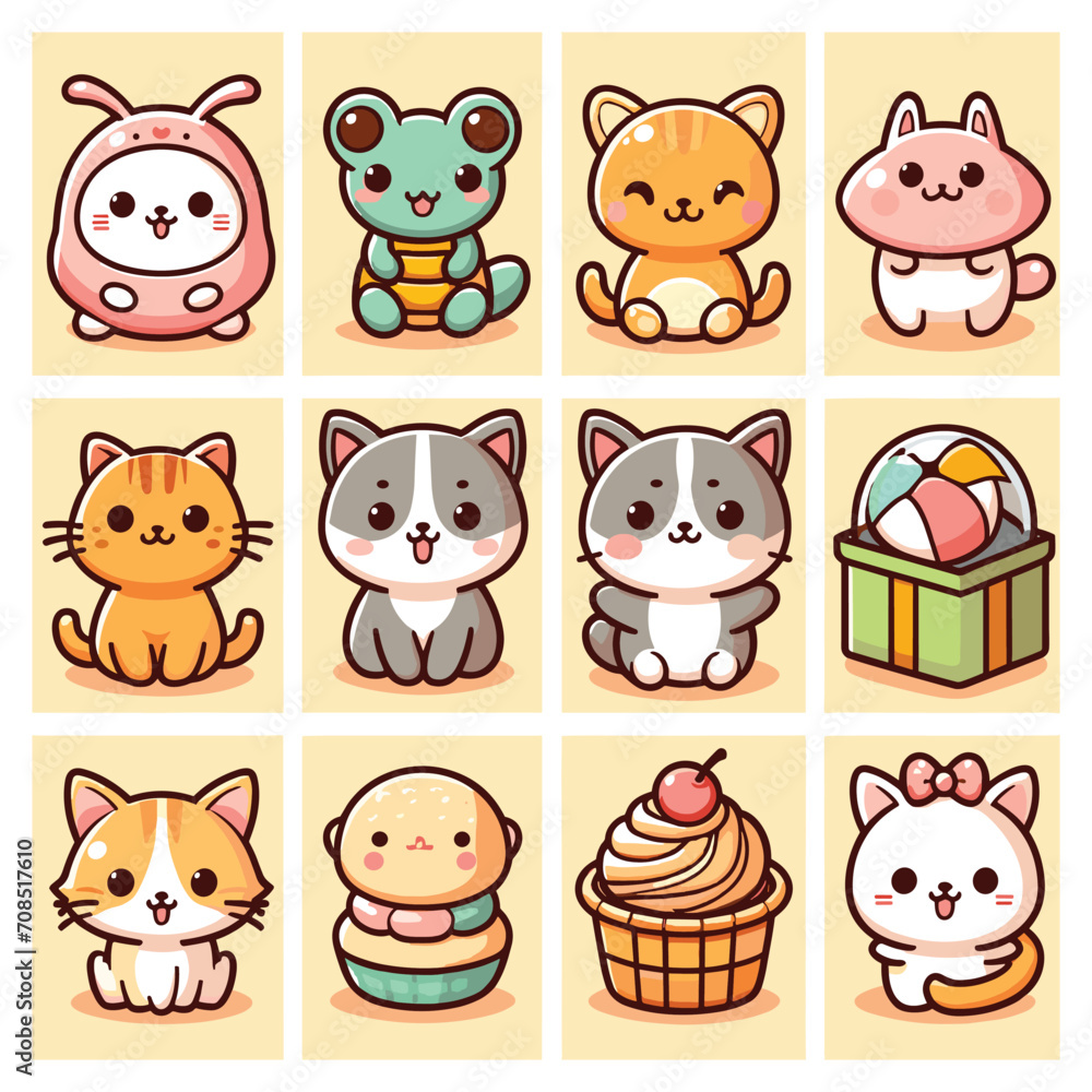 Fototapeta premium TWELVE CUTE CARTOON ICON SET ILLUSTRATION VECTOR