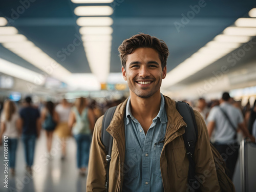 young man, tourist at the train station going on a trip, tourism, photo