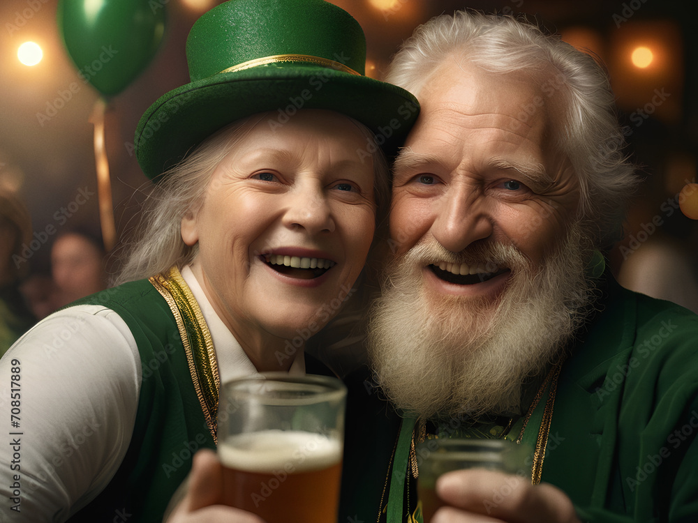 Senior couple celebrating St. Patrick's Day in a pub with beer, dressed in green, smiling, festive Senior couple celebrating St. Patrick's Day in a pub with beer, dressed in green, smiling, festive