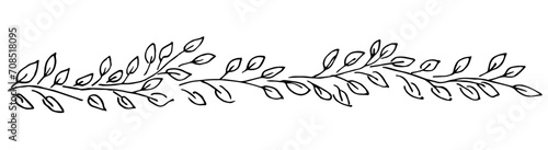 Long border, branches and leaves, spring foliage. Nature, eco products. Simple vector drawing with black outline. Garland, long banner. Sketch in ink.