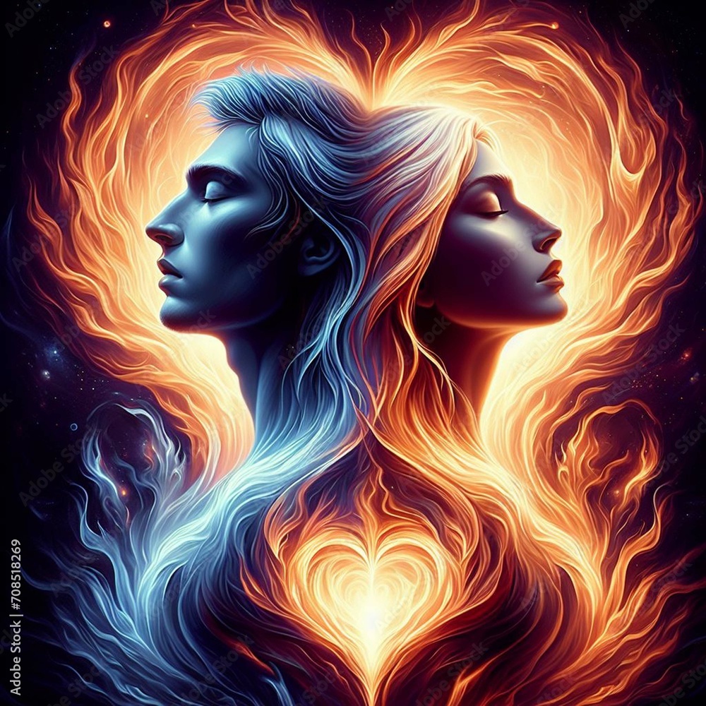 Twin flame couple. Soulmates. The concept of magical, esoteric, tantric, spiritual love. Connection between souls. Illustration for websites and much more. Created using generative ai tools.
