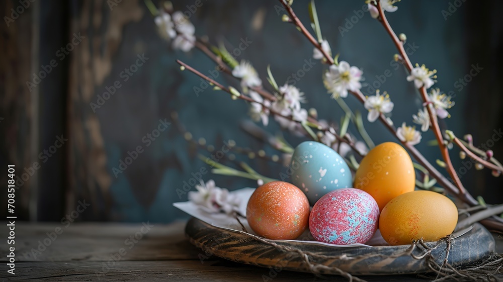 close up illustration of easter eggs on rustic table 