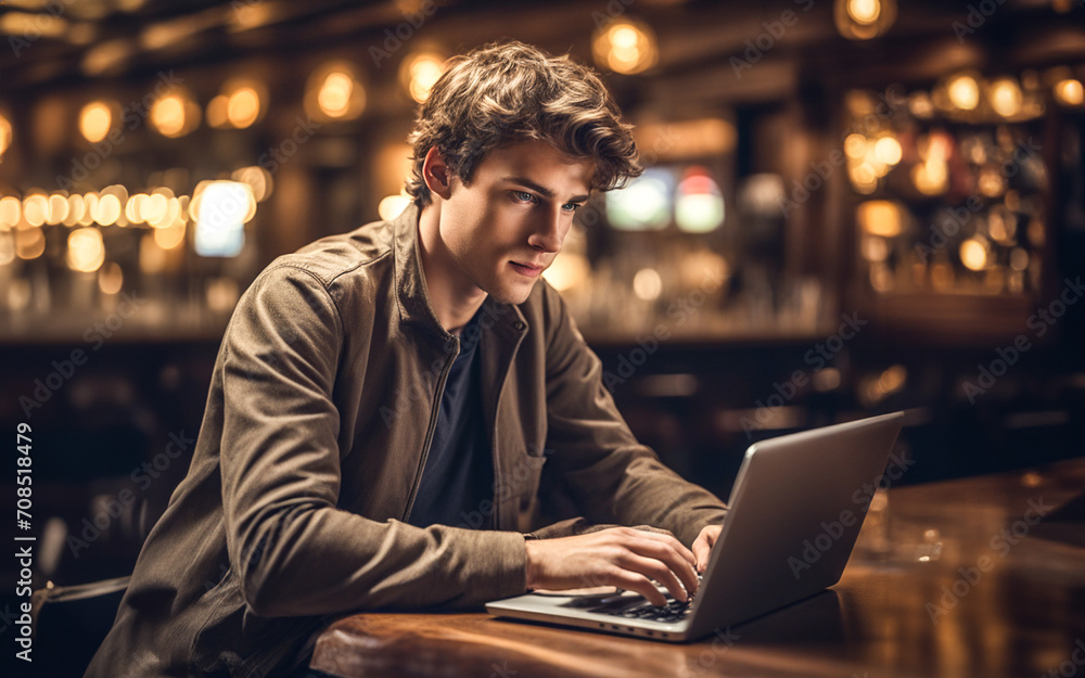 Student use laptop in a coffee bar. Teenager studies sitting at a pub table. lifestyle concept