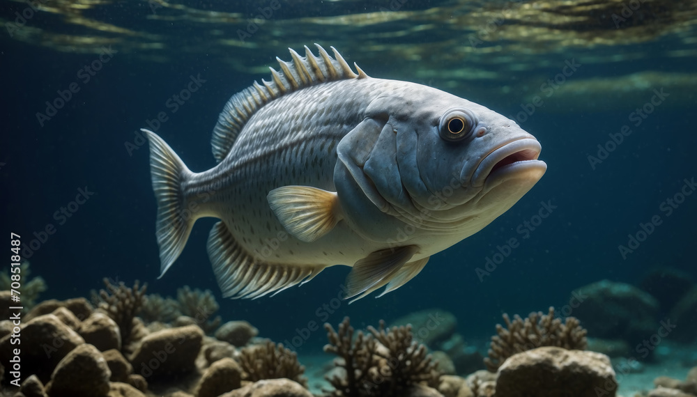 Underwater fish with its top fin sticking. AI generated Underwater fish with its top fin sticking. AI generated