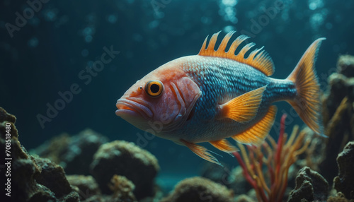 Underwater fish with its top fin sticking. AI generated