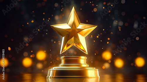 Gold star trophy on glittering festive background. Postproducted generative AI illustration.