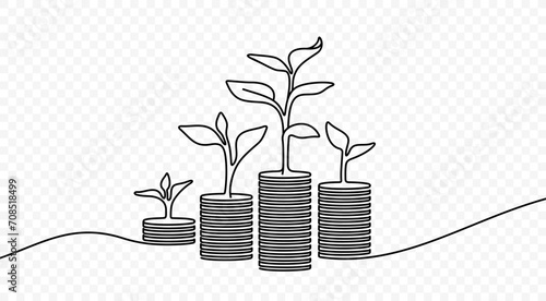 Continuous one line drawing of growing money vector design. Single line art illustration money and plant on transparent background
