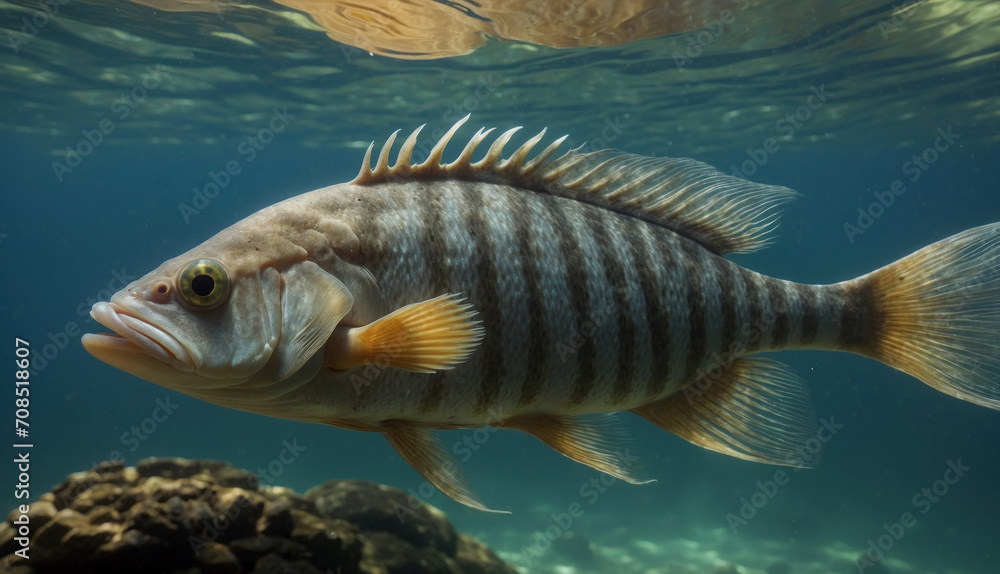 Underwater fish with its top fin sticking. AI generated - obrazy, fototapety, plakaty 
