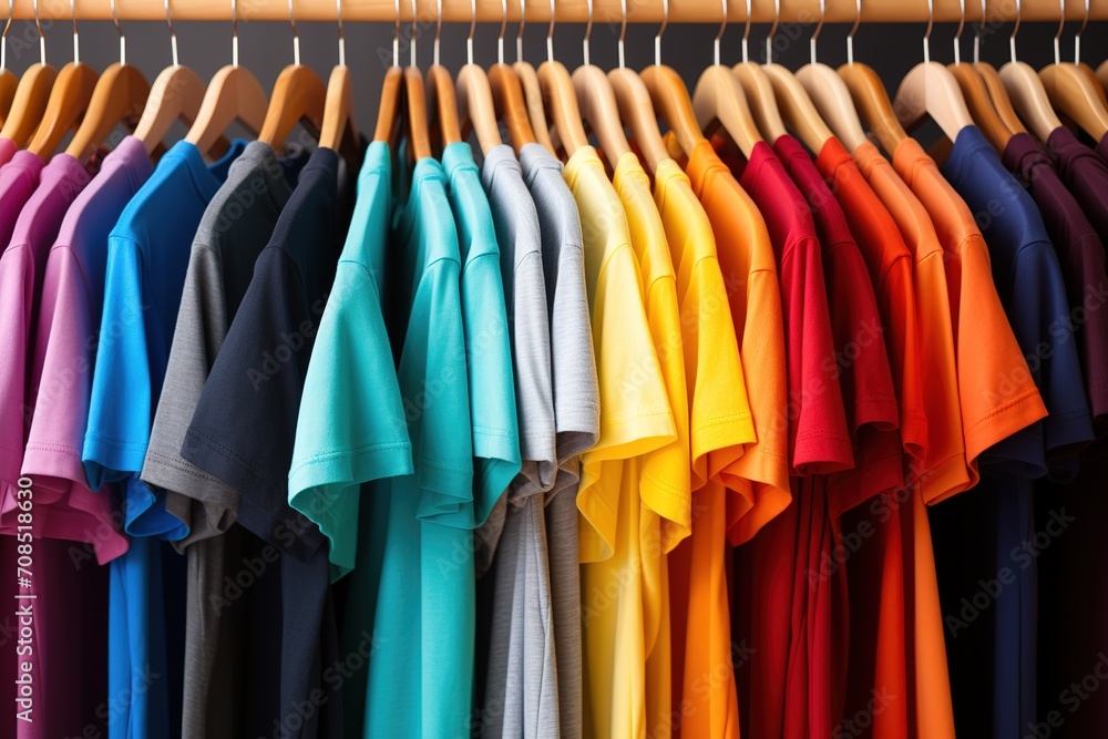 T shirts of bright colors hung on a hanger on a wooden rack in the order of colors similar to the rainbow